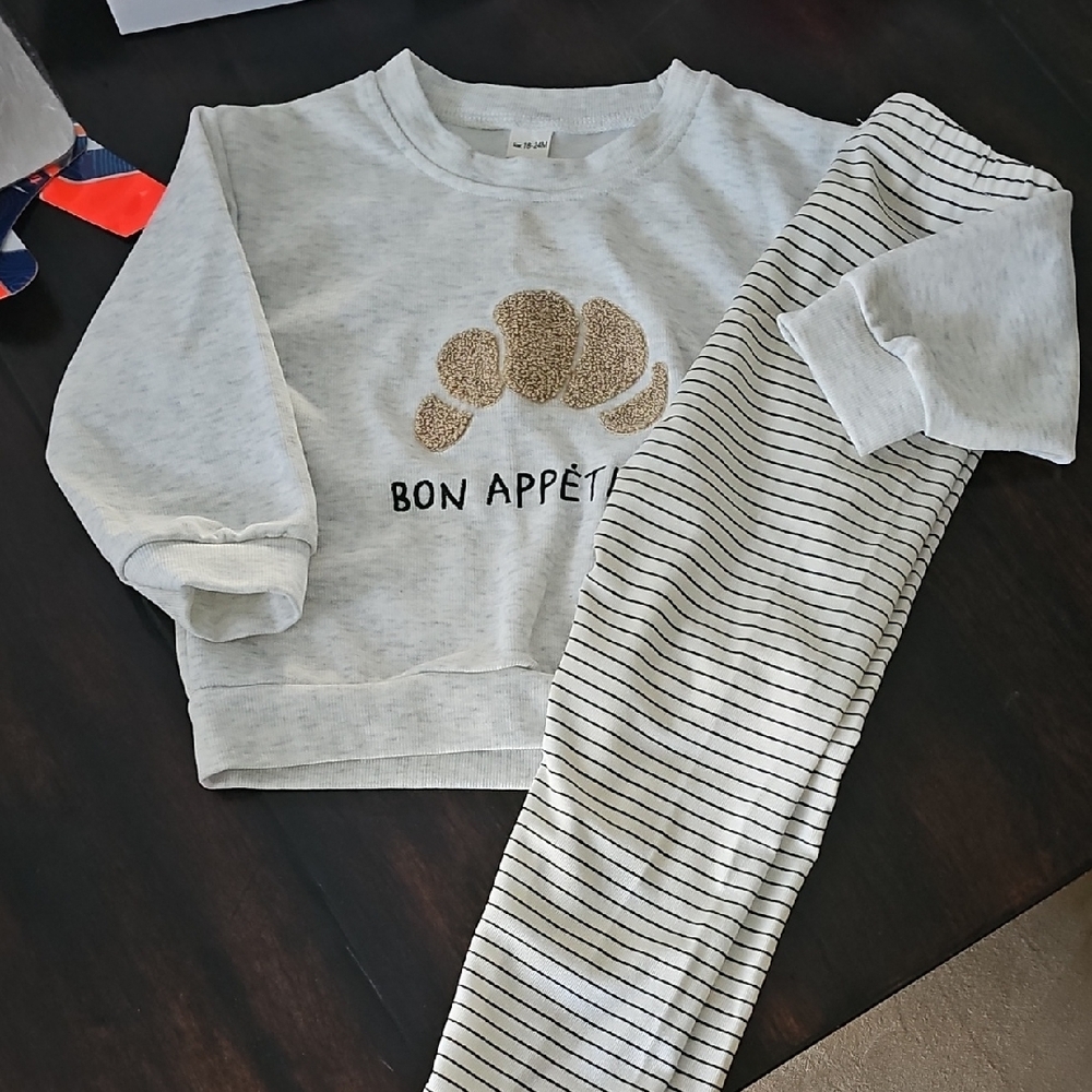 Bon Appétit Croissant Sweatshirt and Striped Pants Set
